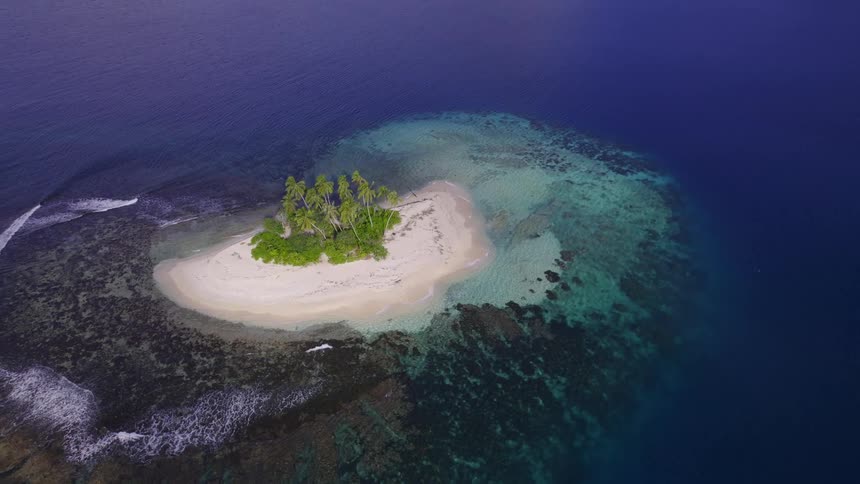An island surrounded by the ocean with trees in the middle surrounded by beach sand