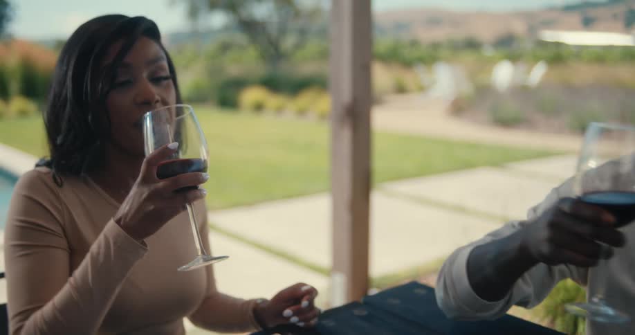 A man and a woman sitting clinking glasses of wine