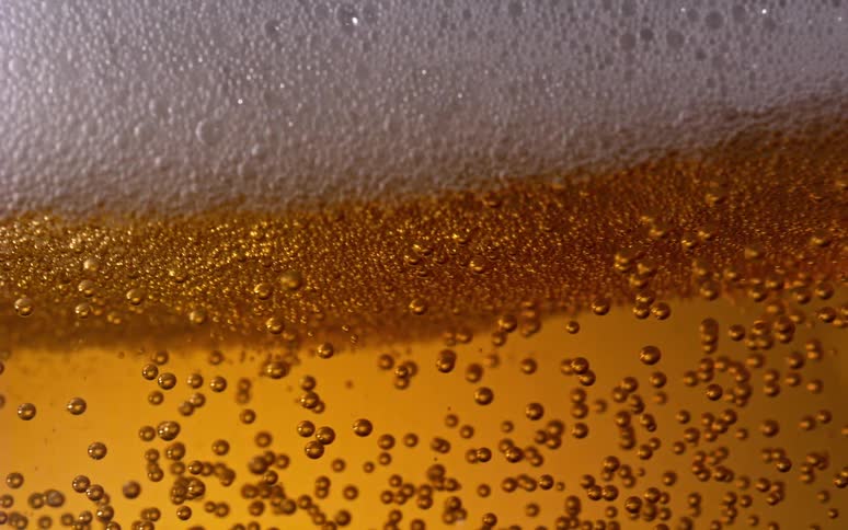 A closeup of bubbles in a glass of beer