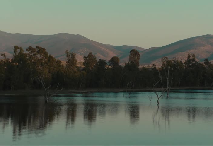Trees reflect on the water along the coast with mountains in the distance