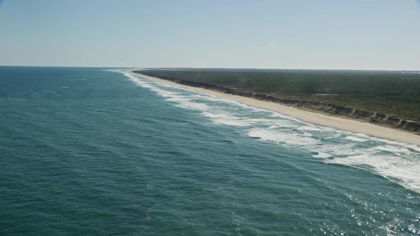 The waves of the ocean hits the shore as the dry beach sand is visible sitting close to a large vegetation area
