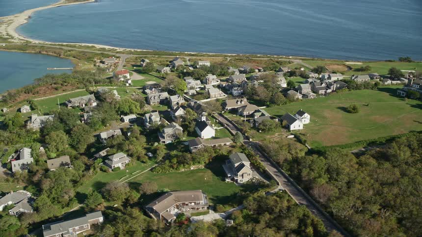Aerial view of a coastal town near pond on cuttyhunk island elisabeth islands
