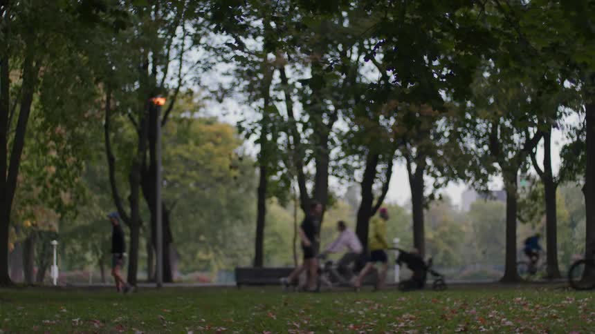 A group of men running walking and cycling through a public park