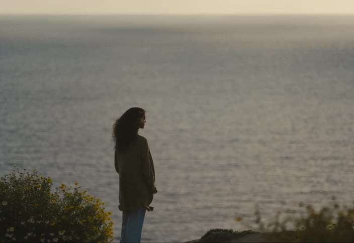 A woman stands and stares at the ocean