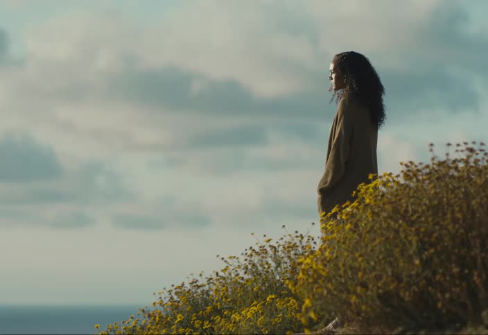 A woman stands on a hill overlooking the water as wild flowers move in the breeze