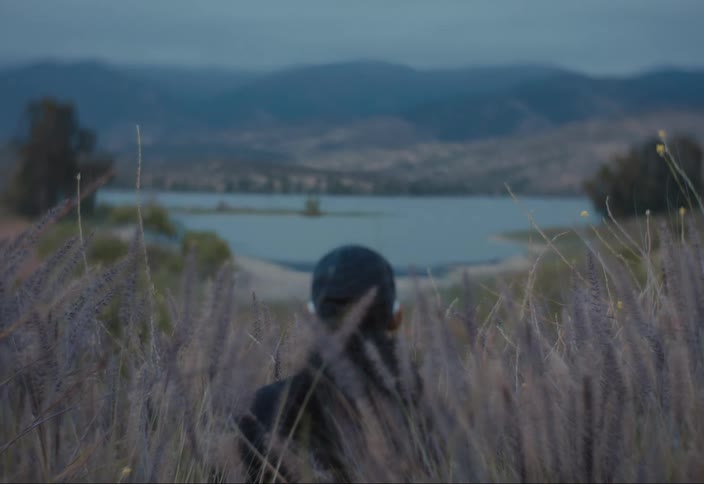 Woman sits near flowering plants looking toward lake and foggy mountains