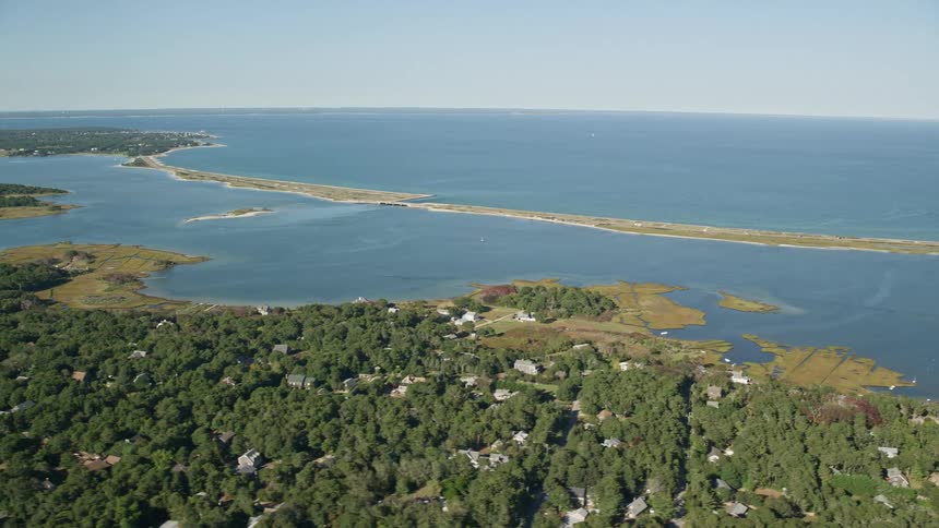 Aerial panorama of a residential city in green areas by the seaside