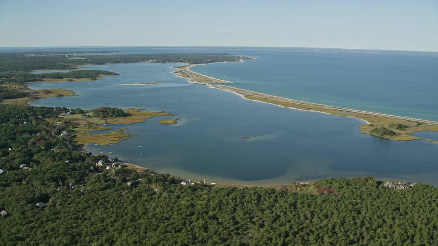 Aerial view of dense green forest and by the coastline next to sengekontacket pond