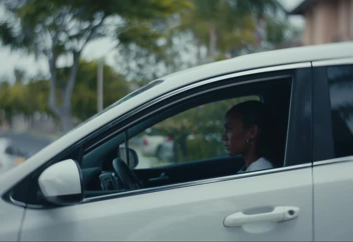 Woman sits inside a car in the driveway