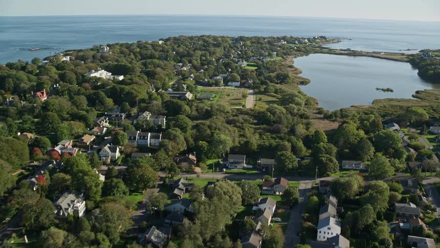 Aerial panorama of an urban city by the sea