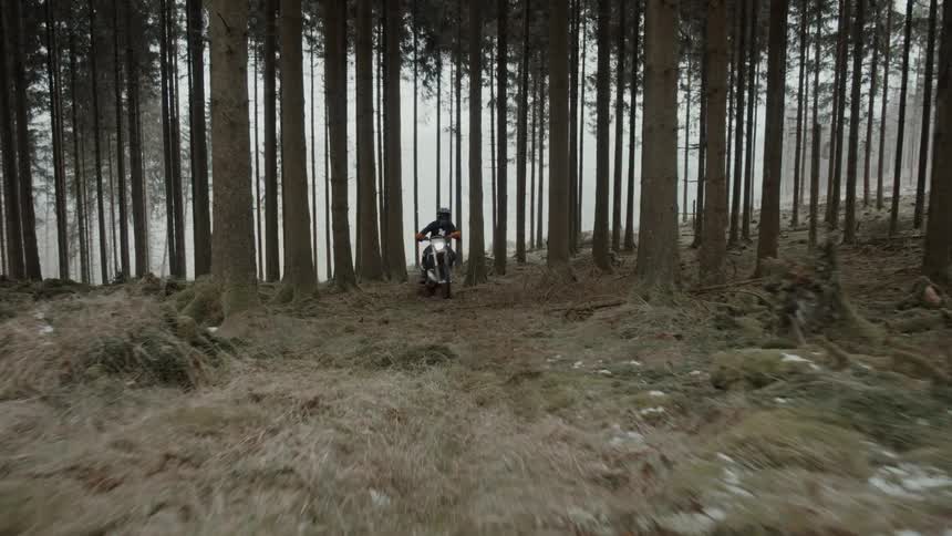 A person riding a motorcycle in the foggy forest