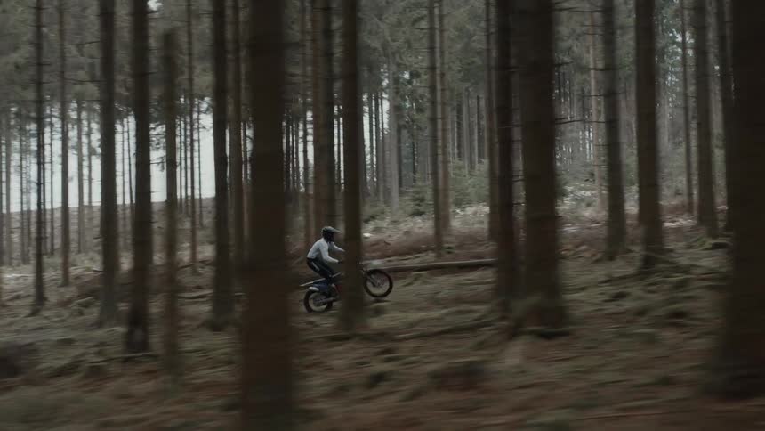 A person riding a mountain bike in the woods