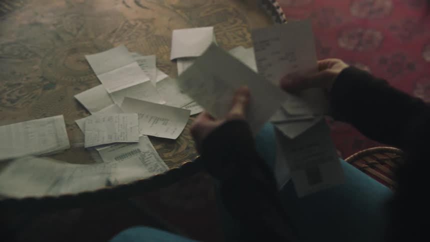 A woman is sitting on the floor looking at receipts and holding them in her hands