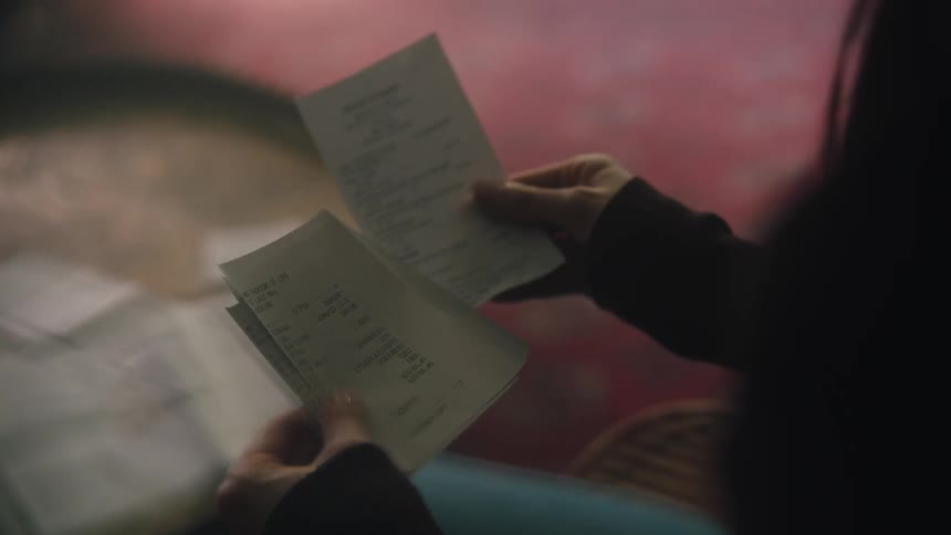 Woman reading receipts at home