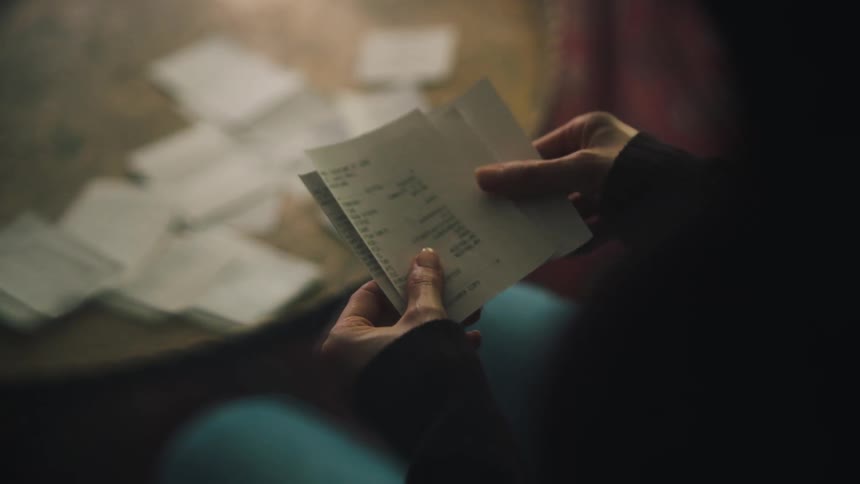 A person holding shopping receipts in their hands