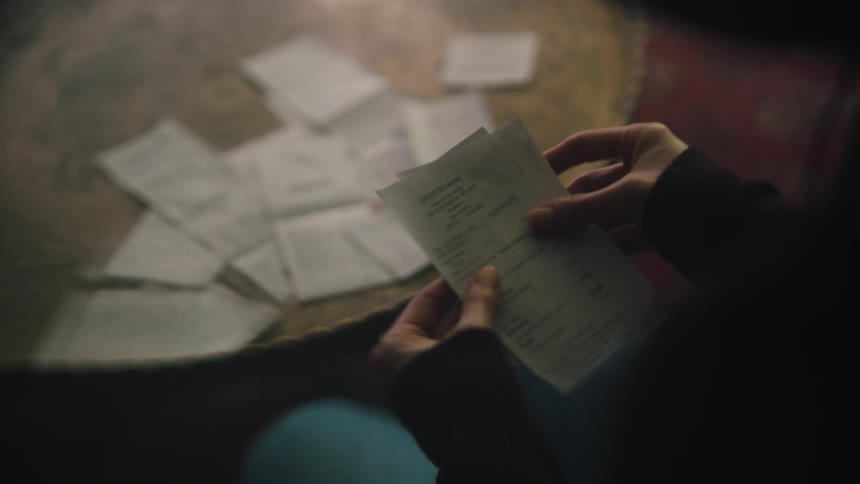 A woman is kneeling on the floor looking at receipts and holding them in her hands