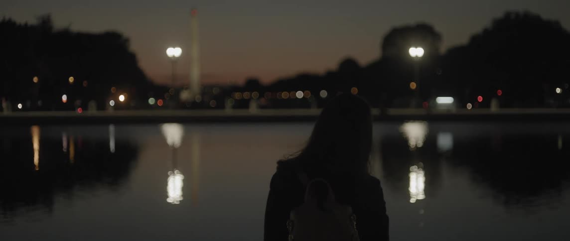 A woman standing looking at the lake in the city center at night