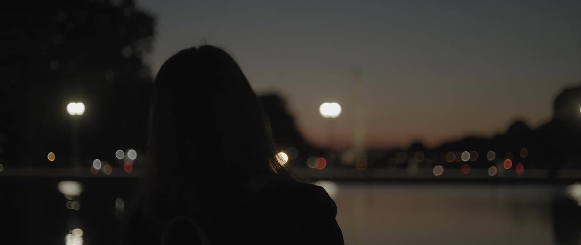 A woman in silhouette looking at a cityscape at dusk
