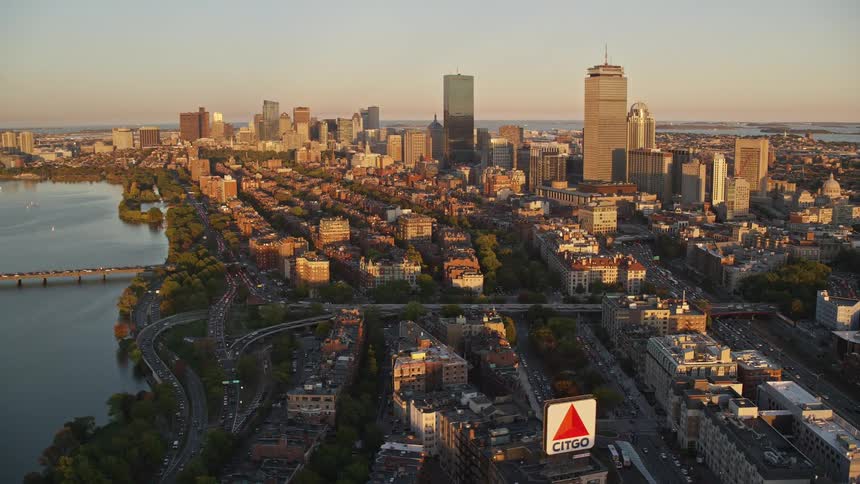 Aerial view of the city skyline at evening