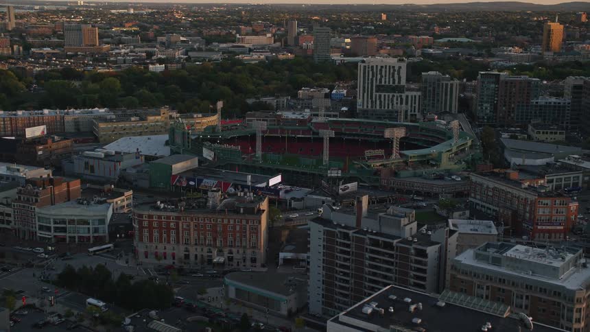 Aerial panorama of a stadium in the middle of a city