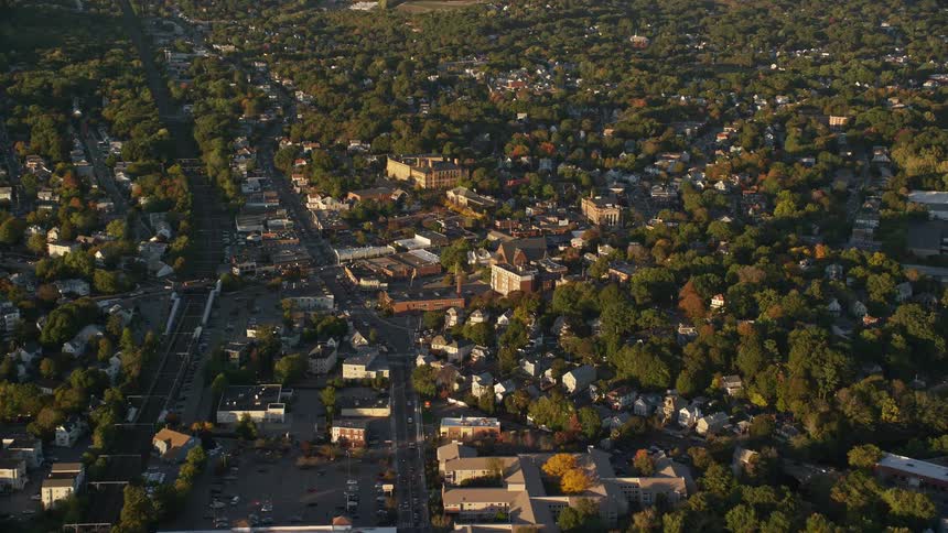 Aerial panorama of an urban city with green areas