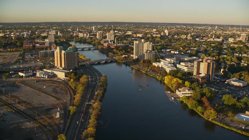 Aerial panorama of a metropolitan city with a central river