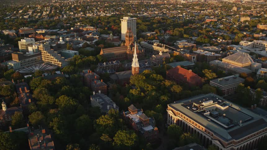 Aerial panorama of a city with a church in the midst of the city