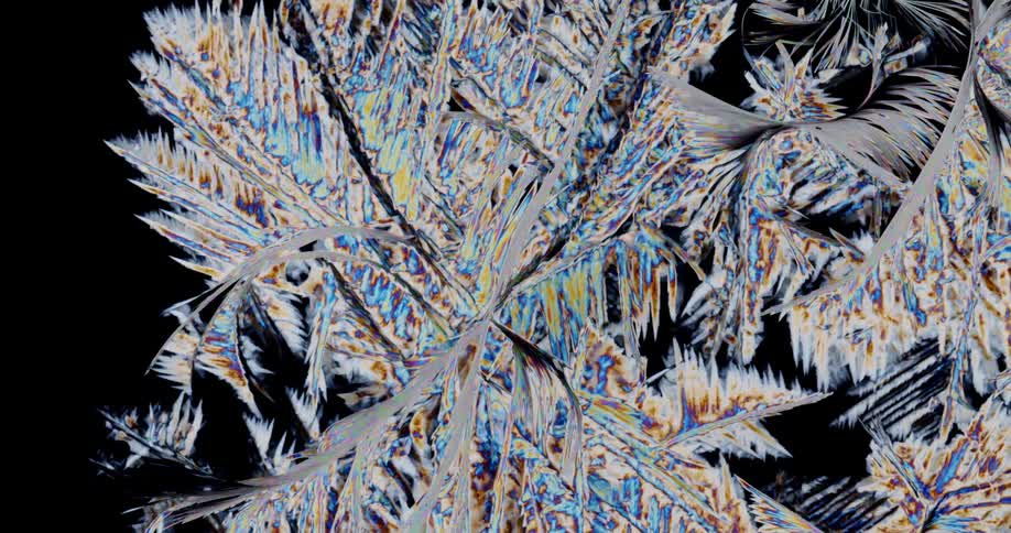Crystalline pattern grows and expands in bright colors contrasting with black background