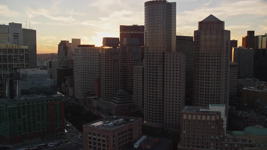 Aerial panorama of a metropolitan city with skyscrapers by the seaside and a dawn sky