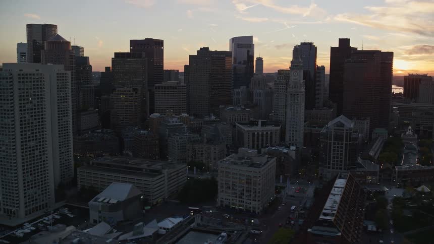 Aerial view of the city skyline at evening