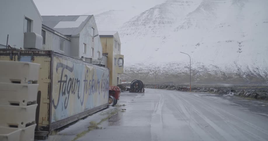 Street of an icelandic town near the snow covered mountains