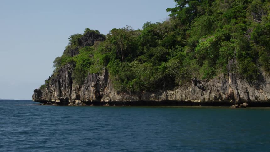 A body of water at the foot of tree covered mountains on a sunny day