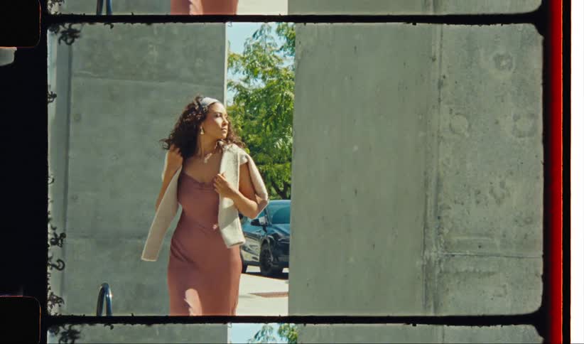 Woman modeling fashionable clothes walking between the pillars of a building on an urban area during day time