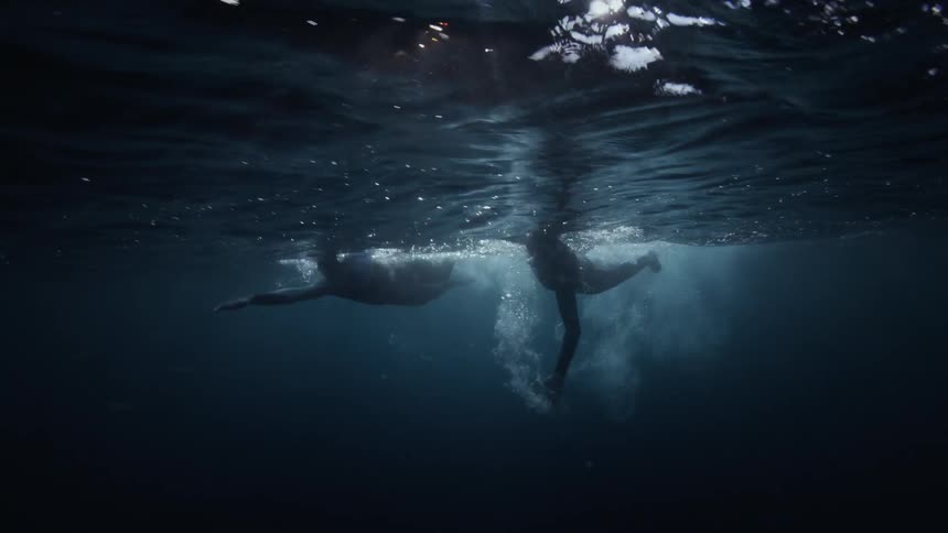 Two people swim together through murky water