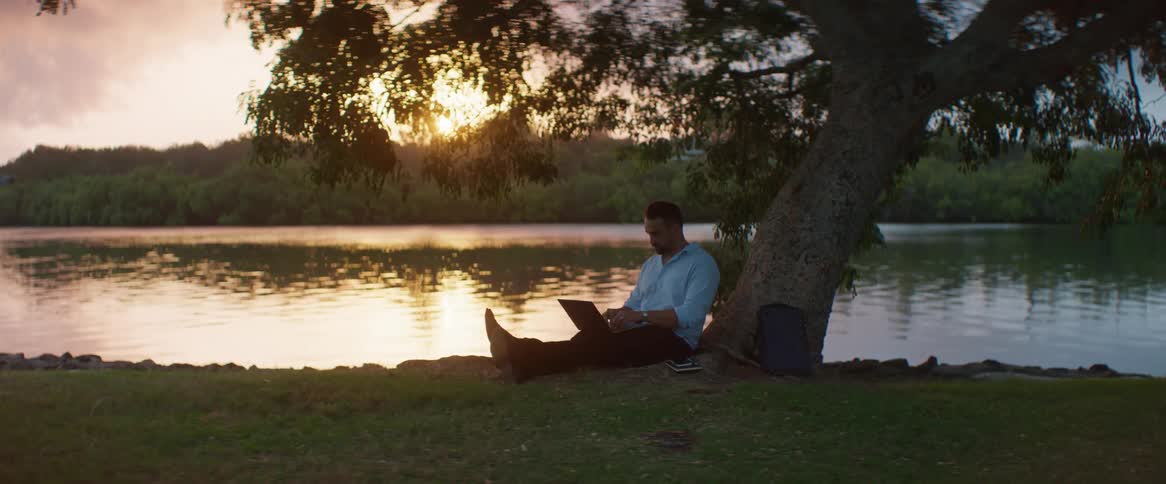 A man sitting under a tree typing on his laptop against an evening sky