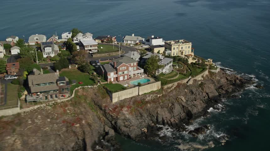 Aerial panorama of houses on an island by the sea