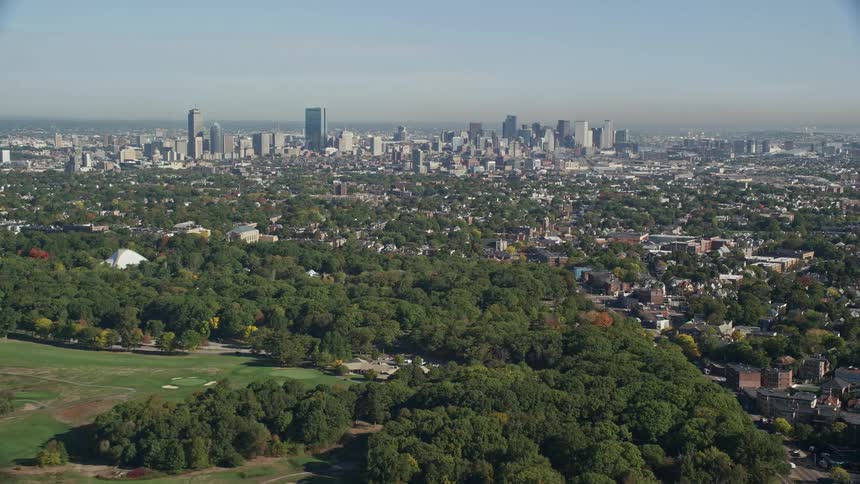 An aerial panorama of a metropolis with green areas and skyscrapers