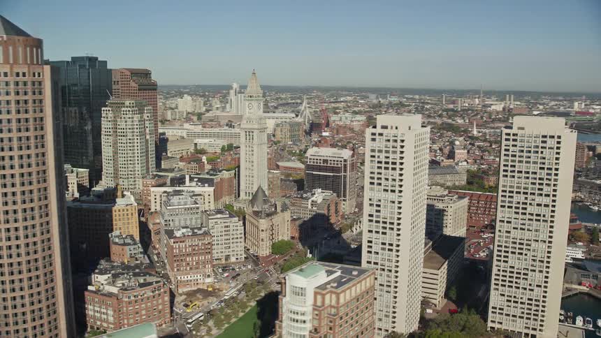 The city skyline with glass towers and skyscrapers