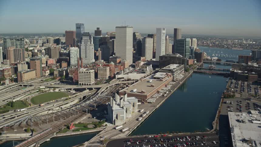 Aerial panorama of a metropolis with skyscrapers by the seaside