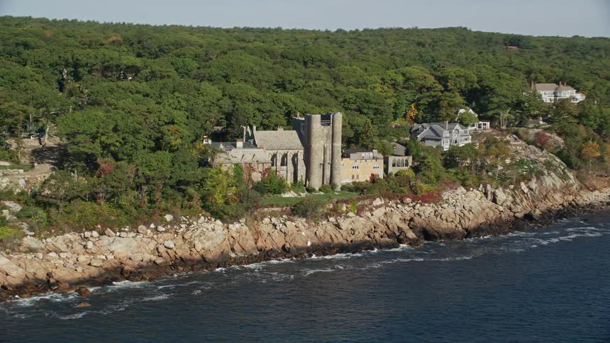 An aerial panorama of mansions and castles by the sea on a peninsula