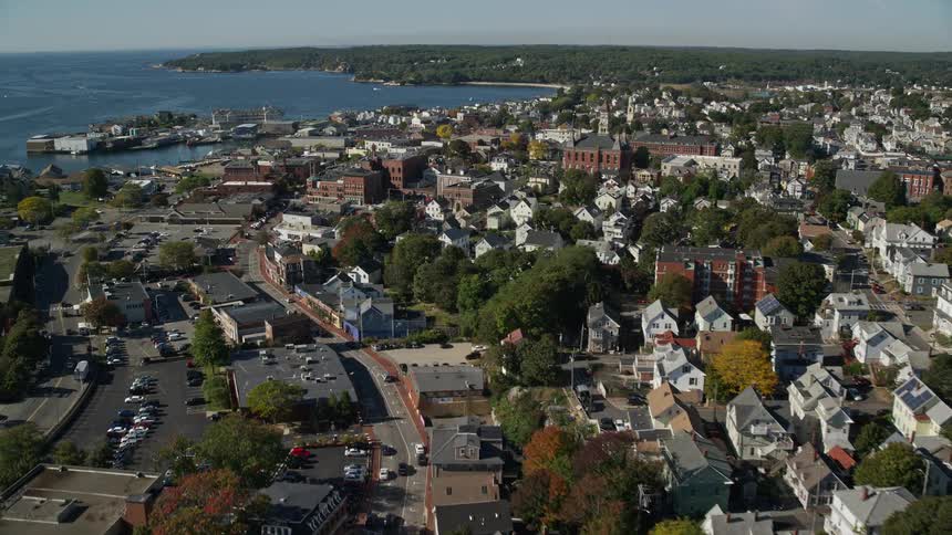 Aerial panorama of an urban city by the seaside