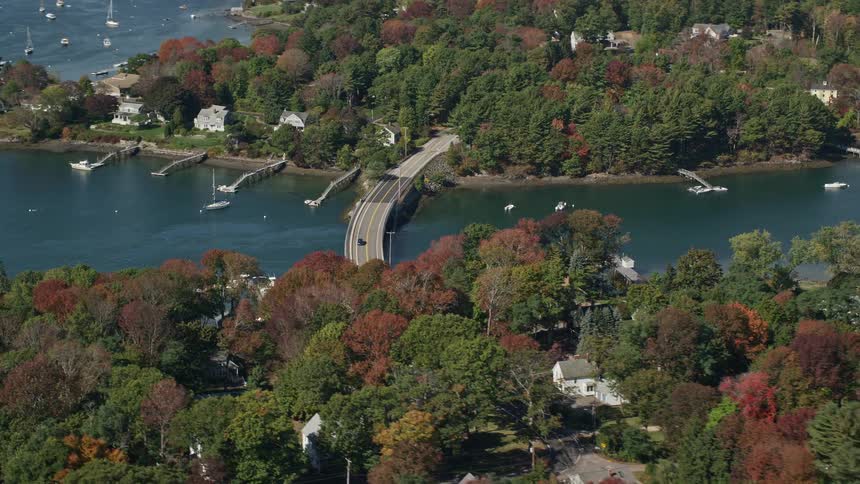 Aerial panorama of an urban city by the seaside and surrounded by trees