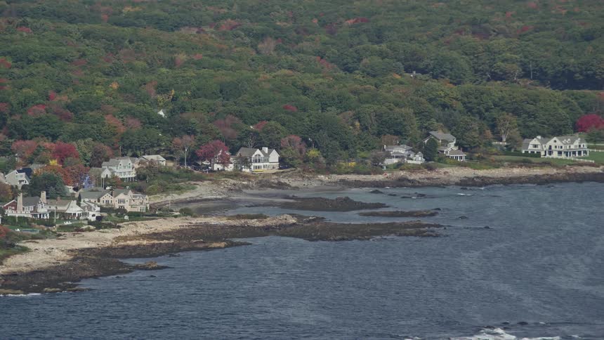 A region of houses in front of the sea and behind a vast forest of trees