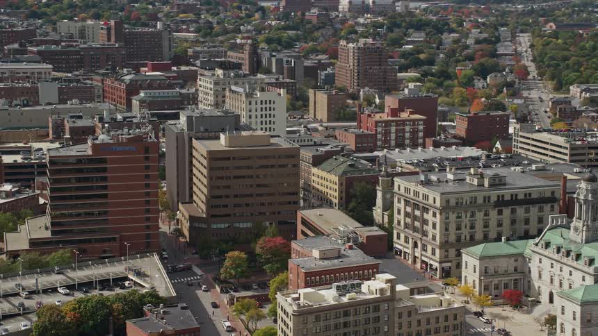 Aerial view of buildings in a small city downtown
