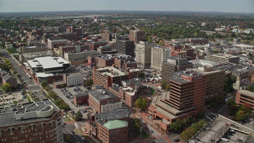 An aerial view of a residential area of a city with some office buildings