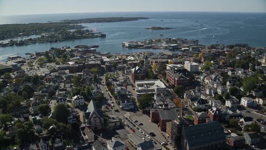 Aerial of urban city with marina and forest