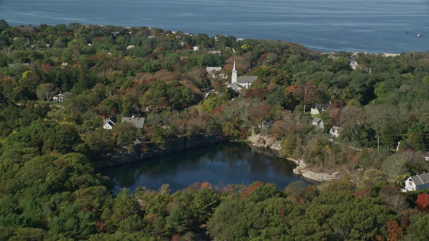 A small town is by the shore