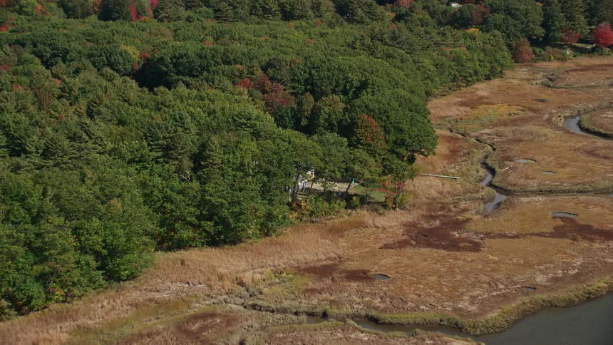 Aerial of a house in the forest on the riverbank