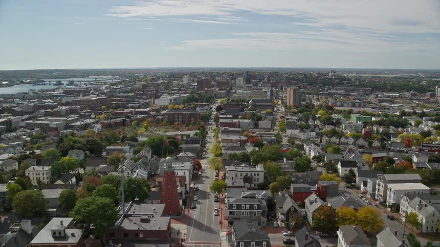 Aerial view of the neighborhoods next to a small city downtown