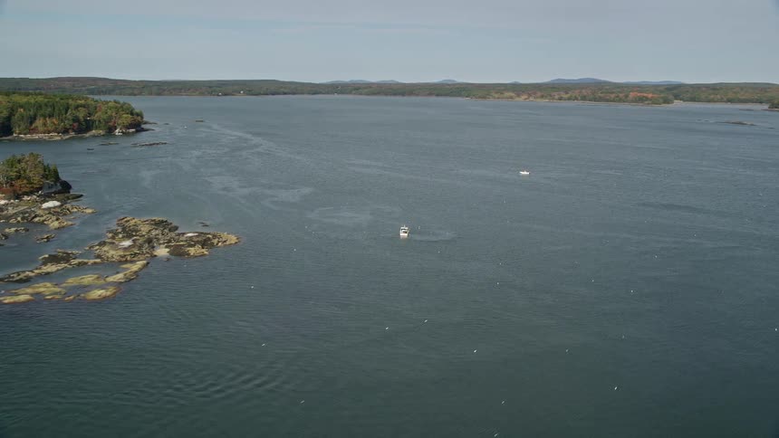 Aerial view of a lake with boats and surrounding forest